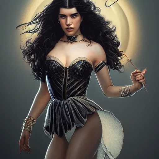 Image similar to full figure ultra realistic illustration, dua lipa as zatanna, intricate, elegant, highly detailed, digital painting, artstation, concept art, smooth, sharp focus, illustration, art by artgerm and greg rutkowski and alphonse mucha