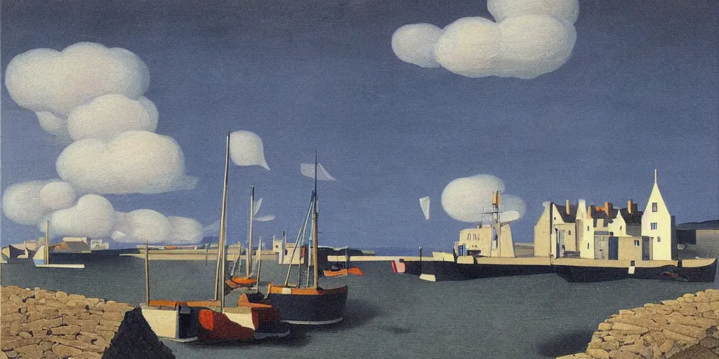 Prompt: a painting of the harbour at Stromness, orkney islands, small houses, boats, sea, stormy clouds, by René Magritte