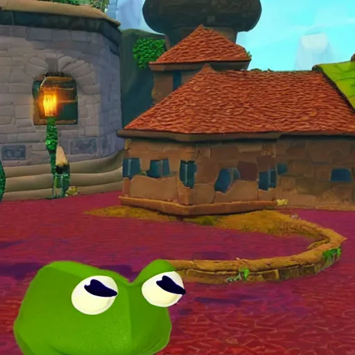 Image similar to screenshot of a kermit the frog as an npc in spyro the dragon video game, with playstation 1 graphics, activision blizzard, upscaled to high resolution