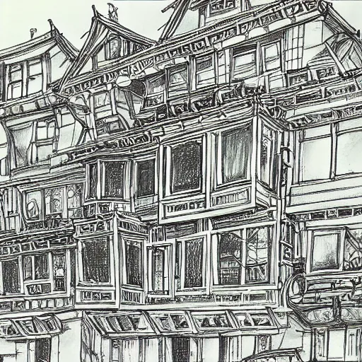 Image similar to a drawing of a house with a lot of windows, concept art by toriyama sekien, pixiv, maximalism, concept art, official art, maximalist