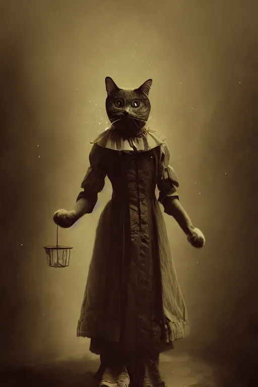 Image similar to wet plate photograph, portrait of an anthropomorphic cat in a victorian - era ballgown, dramatic lighting, highly detailed, digital painting, artstation, concept art, smooth, sharp focus, illustration, art by wlop, mars ravelo and greg rutkowski