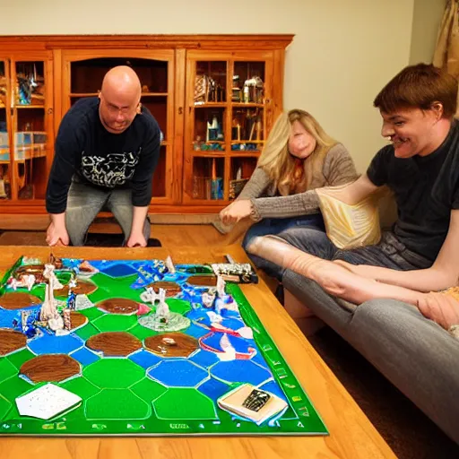 Prompt: wide angle photograph of llamas playing a boardgame, settlers of catan, living room