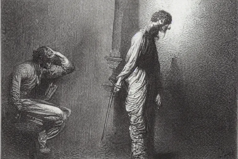 Image similar to taking knife rips, Gustave Dore lithography