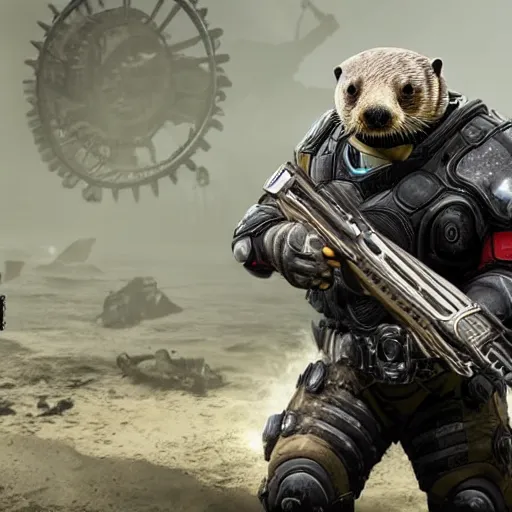 Image similar to a sea otter in gears of war armor firing a pistol