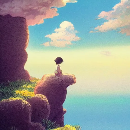 Prompt: Image from afar, man looking from the top of a large rock cliff, the sea hits the large stones hard, the clouds let through subtle rays of light, art by Hayao Miyazaki, whimsical, anime, children's illustration