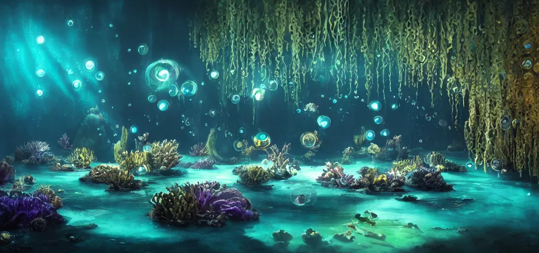 Prompt: beautiful view of underwater at night, sci - fi steampunk bioluminescent creatures, glowing water with caustics, dappled light, reflections, bubbles, refraction, symmetry, dramatic lighting, ultra detailed, sharp, ambient occlusion, bloom, raytracing, vibrant, vivid colors, picturesque, by dylan cole, sebastian meyer and jordan grimmer