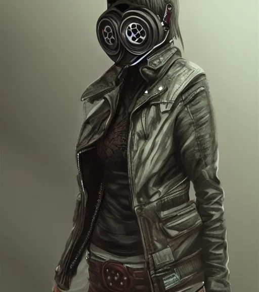 Image similar to a girl wearing a jacket, gas mask, punk outfit, highly detailed, digital painting, artstation, concept art, smooth, sharp focus, illustration