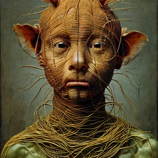 Image similar to half boy half rhino made of spaghetti, by giuseppe arcimboldo and ambrosius benson, renaissance, intricate and wet oil paint, a touch of beksinski, realistic