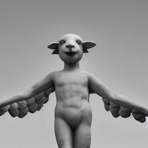 Image similar to Statue of a creepy sheep as an angel, photorealistic, film still, desolate