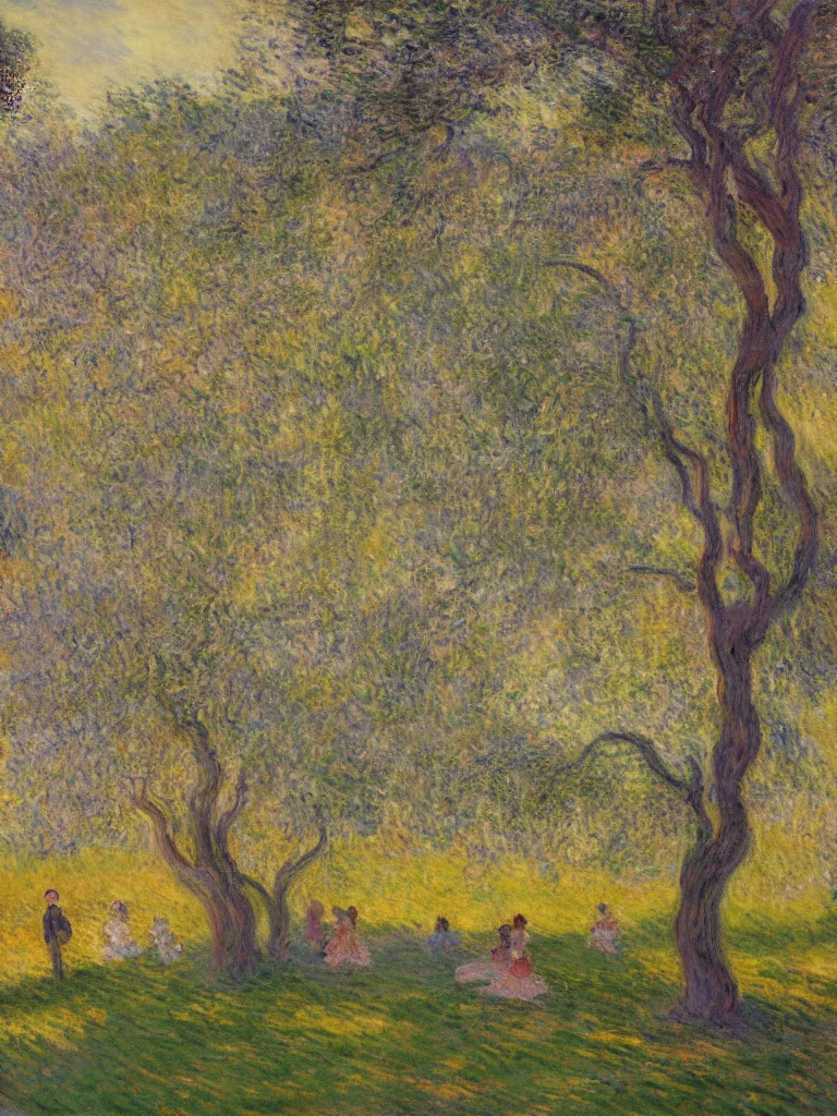 Prompt: gauzy impressionist painting of my backyard with an old apple tree with people! dancing in the late afternoon, golden hour, color oil painting by claude monet and piet mondrian, cosmic trending on artstation 8 k