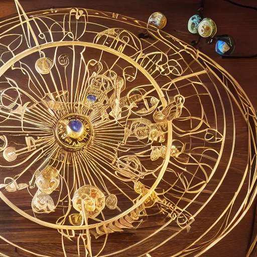 Image similar to a well - lit photo of an intricate steel filigree art nouveau orrery on a wooden table, beautiful, detailed, flowing curves, with colored marble planets and a golden sun