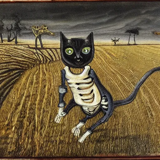 Image similar to a painting of a cat's skeleton walking around a field, in the style of bubonic plague paintings.