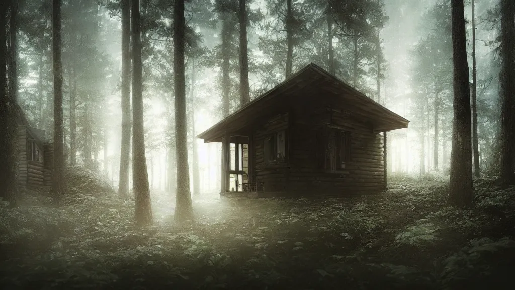 Prompt: [ a cabin in the woods. ] artgerm, mikko lagerstedt, zack snyder, tokujin yoshioka