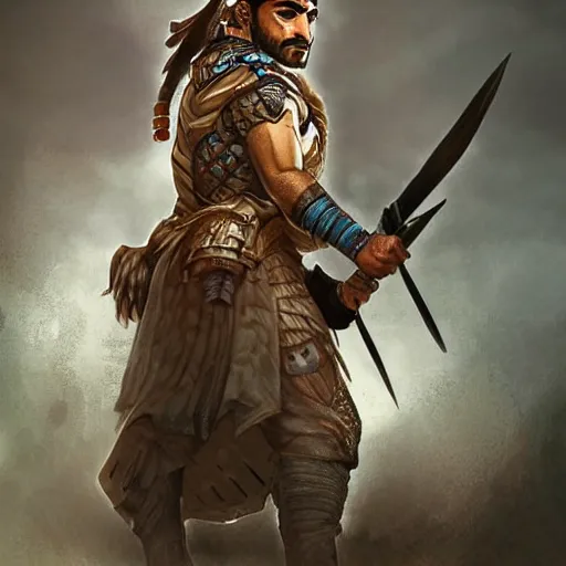Image similar to kurdish male warrior, highly detailed, digital painting, artstation, concept art, sharp focus, illustration, incredibly strong and handsome