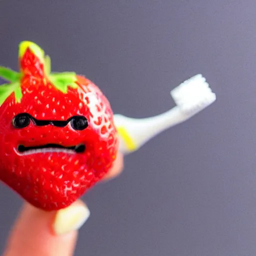 Image similar to a cute strawberry with two front teeth, holding a yellow toothbrush, in the style of shinji aramaki