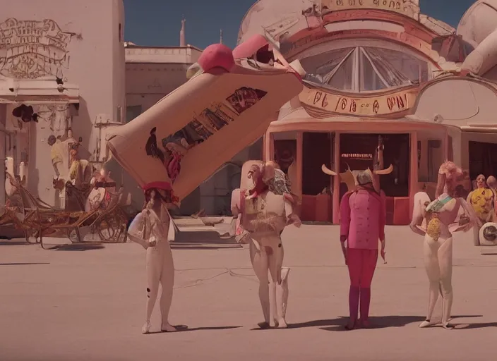 Image similar to still from a feature film by matthew barney, alejandro jodorowsky and wes anderson : : retro futurism, pagan occultism, sideshow circus : : anamorphic lens, kodakchrome : : 8 k