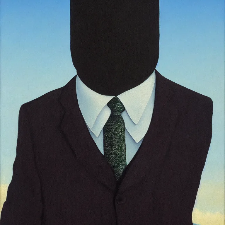 Image similar to portrait of a faceless shadow - head man in a suit, clouds in the background, by rene magritte, detailed painting, distance, middle centered, hd, hq, high resolution, high detail, 4 k, 8 k