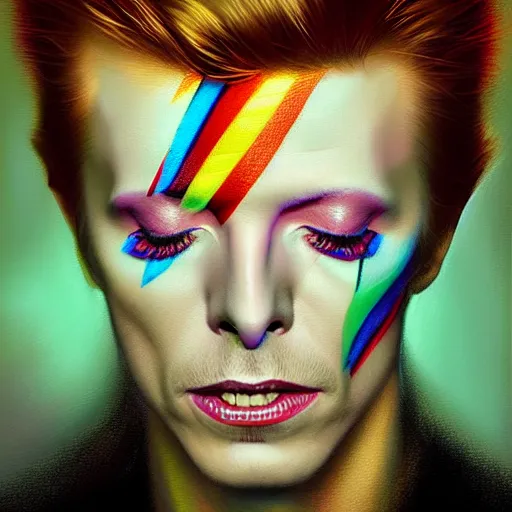 Prompt: beautiful portrait of David Bowie by Renato Muccillo, colorful and vivid lights, highly detailed, digital painting, artstation, concept art, smooth, sharp focus