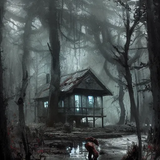 Image similar to old house with a well in the woods, old well, the colour out of space, horror, dramatic lighting, lovecraftian, painted by raymond swanland, painted by greg rutkowski, painted by jeremy mann, painted by artgerm, painted by igor kieryluk, trending on artstation