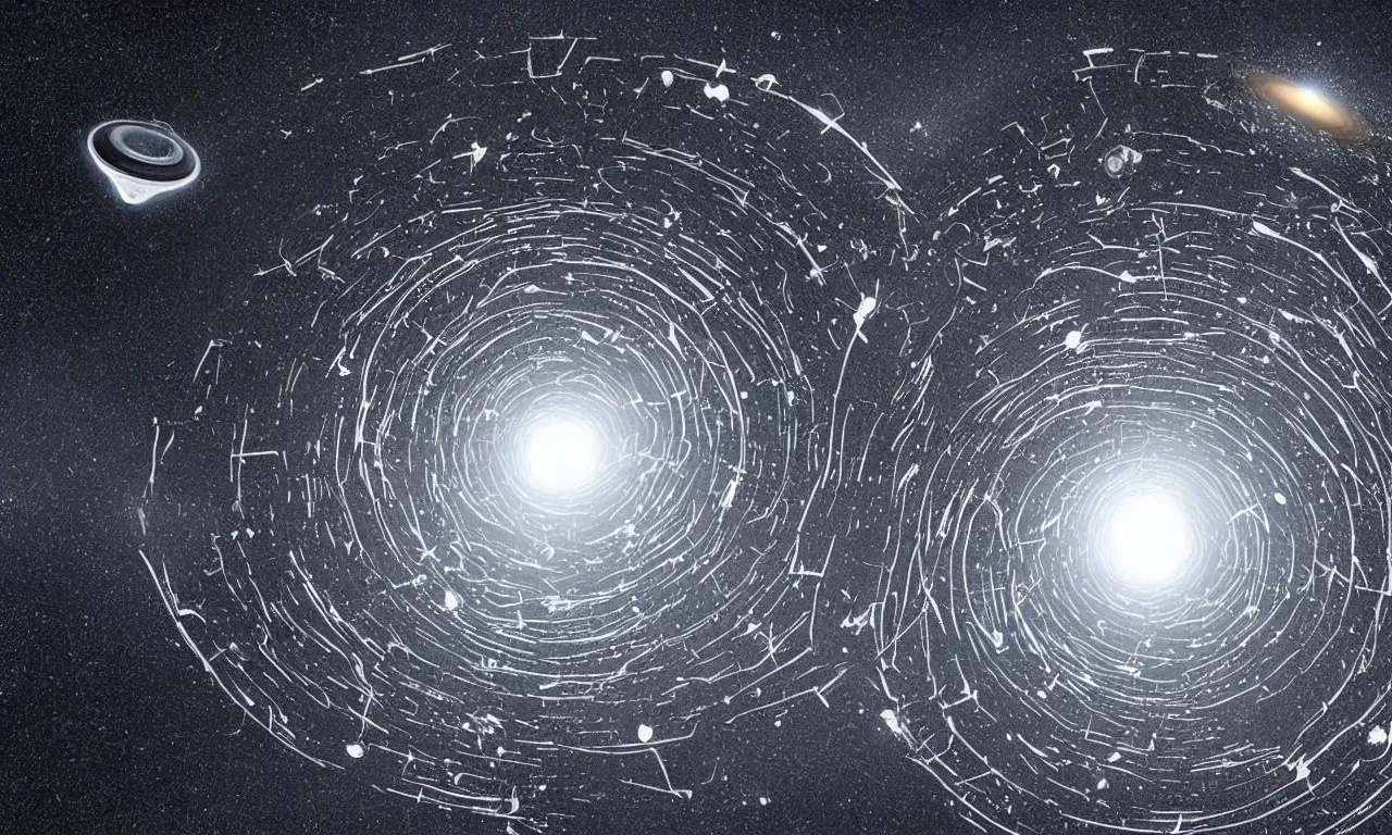 Image similar to space debris from ancient space station and other space constructions revolving around black hole forming a tilted vortex in black starless space