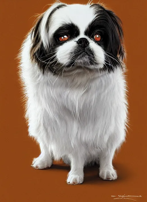 Prompt: portrait of a dwarf Japanese chin dog, highly detailed, centered, solid color background, digital painting, artstation, concept art, smooth, sharp focus, illustration, Jason Edmiston, donato giancola, Joseph Christian Leyendecker, Les Edwards, Ed Repka, WLOP, Artgerm