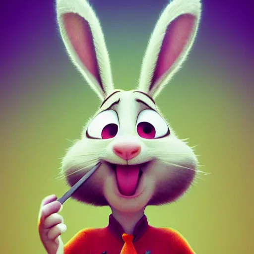 Image similar to portrait of a super cute bunny, eating a carrot, pixar, zootopia, cgi, blade runner. trending on artstation, smiling, friendly
