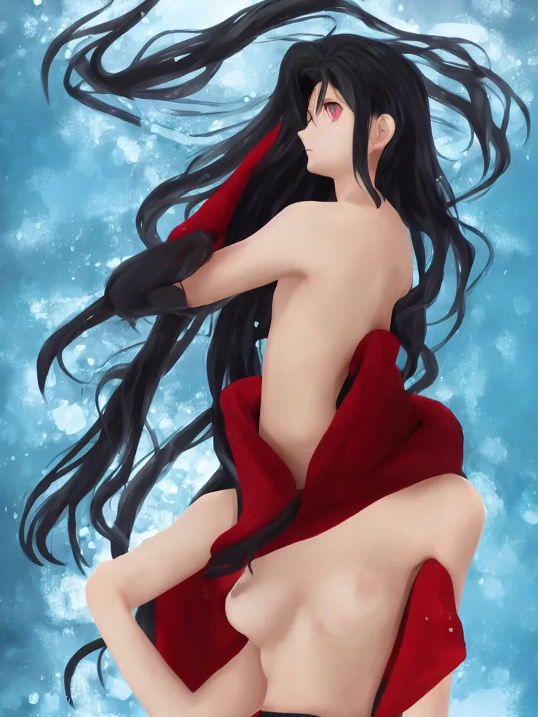 Prompt: Tohsaka Rin wearing a towel, drying her hair in the steam-filled bathroom, full-body, side view, realistic digital art, trending on artstation