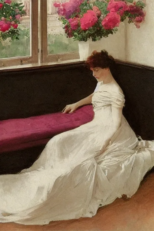 Image similar to european woman in a gown laying on couch, bloom flowers, modern, eclectic, illustration, by ramon casas