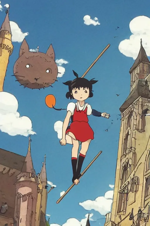 Image similar to Kiki's Delivery Service,A girl on a broomstick flying over the city sky,Medieval Cities ,geometric shapes, hard edges,by studio ghibli