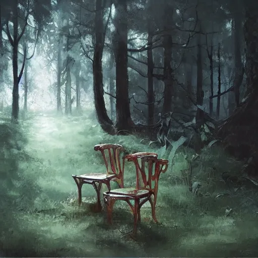 Prompt: chair in the forest wenjun lin detailed