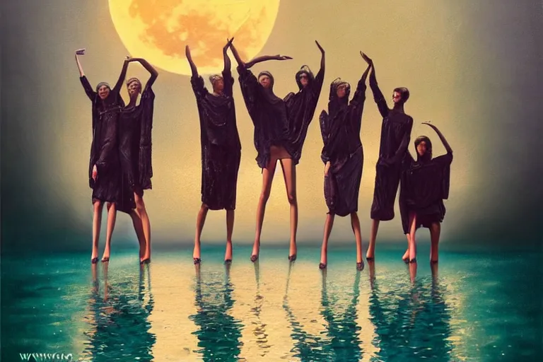 Image similar to 3 d, close - up, group of fashion models standing in a night lake with their hands raised to the bright moon, moon ryas, vogue cover style, intricate oil painting, high detail, figurative art, multiple exposure, poster art, 3 d, by tooth wu and wlop and beeple