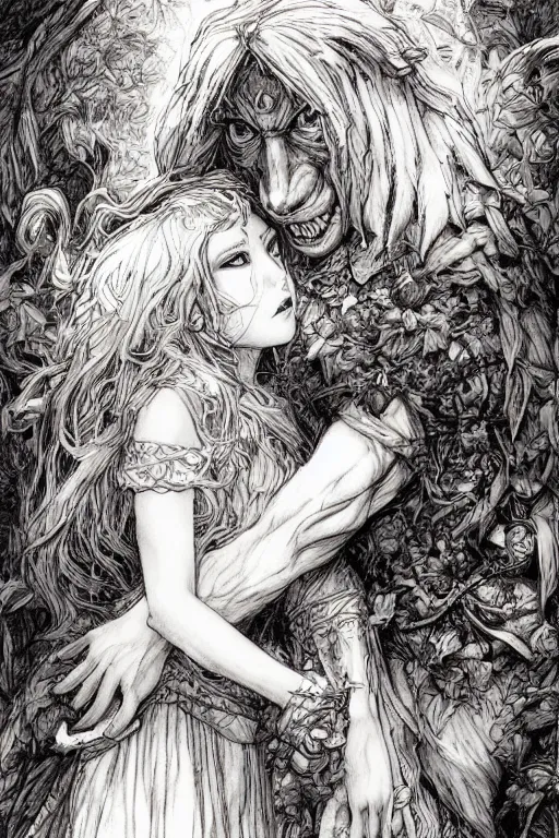 Prompt: portrait of a beautiful little red riding hood lovingly embracing a werewolf, pen and ink, intricate line drawings, by Yoshitaka Amano, Ruan Jia, Kentaro Miura, Artgerm, watercolor