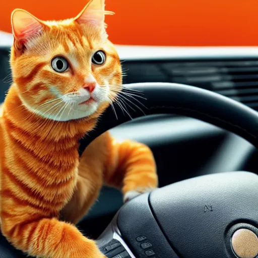 Image similar to an anthropomorphic orange tabby cat driving a car