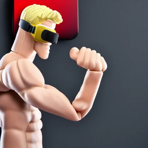 Image similar to action figure of a skinny blonde male wrestler wearing a vr headset and wearing a t - shirt and jeans, high detail, realistic,