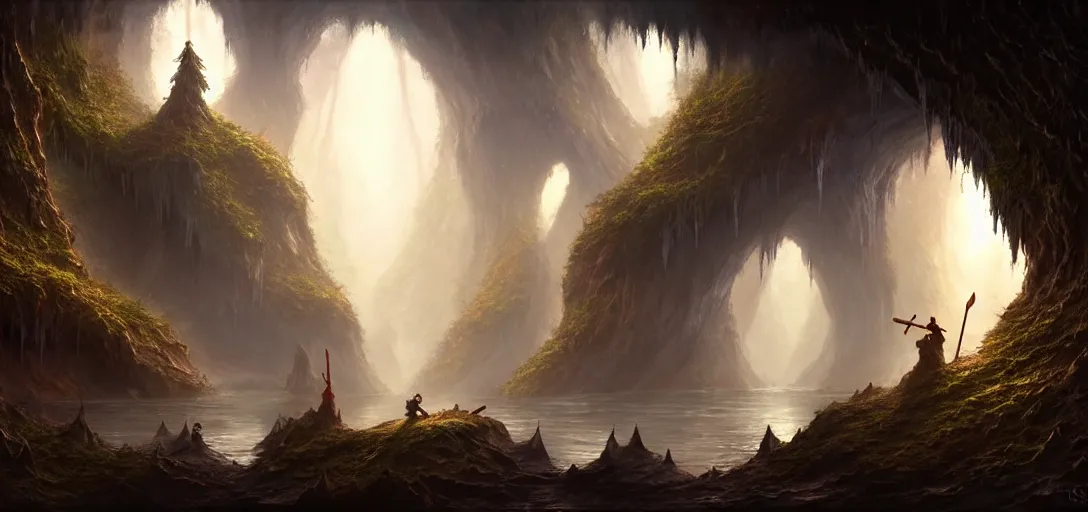 Image similar to video game concept art matte painting of elves canoeing underground through the glow worm caves in the style of stefan kostic, realistic, sharp focus, 8 k high definition, insanely detailed, intricate, mysterious, art by stanley lau and artgerm and luis royo