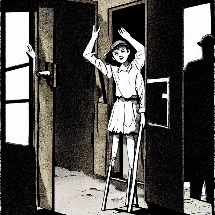 Image similar to sadie sink in dirty workmen clothes waves goodbye to workmen. near a gate. background : factory, dirty, polluted. technique : black and white pencil and ink. by gabriel hardman, joe alves, chris bonura. cinematic atmosphere, detailed and intricate, perfect anatomy