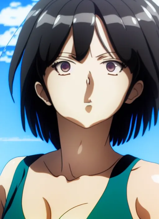 Image similar to film still portrait of fubuki from one punch man, wearing two - piece swimsuit, closeup at the faces, ilya kuvshinov, finely detailed feature, anime, deroo, pixiv top monthly, trending on artstation, cinematic, danbooru, zerochan art, kyoto animation