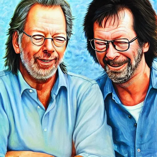 Prompt: portrait of eric clapton with david gilmour, joyful, highly detailed painting by akira toriyama, 8 k