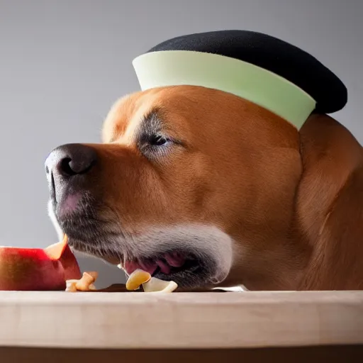 Image similar to dog trying to eat apple core under on a butler cloche dome