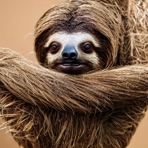 Image similar to a studio photo of a sloth using a cowboy hay