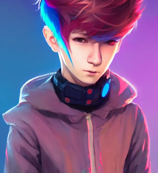 Image similar to character concept art of a cute young cyberpunk boy with colorful hair and collar | | cute - fine - face, pretty face, key visual, realistic shaded perfect face, fine details by stanley artgerm lau, wlop, rossdraws, james jean, andrei riabovitchev, marc simonetti, and sakimichan, trending on artstation