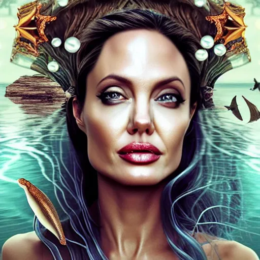 Prompt: “ angelina jolie portrait, fantasy, mermaid, hyperrealistic, game character, underwater,, highly detailed, cinematic lighting, pearls, glowing hair, shells, gills, crown, water, highlights, starfish, goddess, jewelry, realistic, digital art, pastel, magic, fiction, ocean, queen, colorful hair, sparkly eyes, fish, heroic, waves, bubbles ”