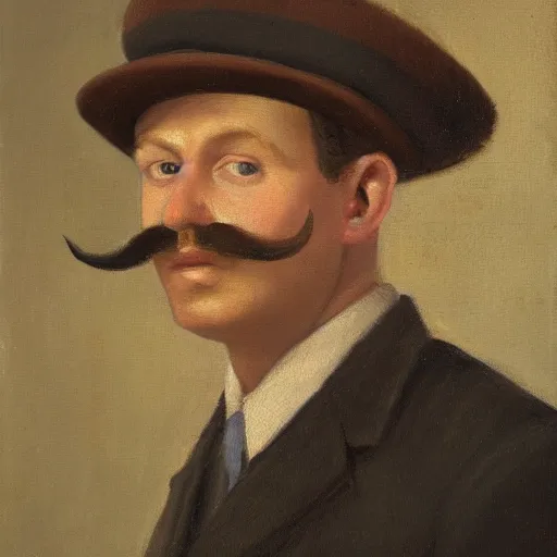 Image similar to portrait of a british man in a flat hat, a small mustache, and a nice brown suit, oil painting