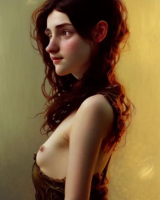 Image similar to portrait of a welsh teenage girl with brown hair, glowing skin, delicate features, amelie poulain, fantasy, intricate, elegant, dress shirt, highly detailed, digital painting, artstation, concept art, smooth, sharp focus, illustration, art by Krenz Cushart and Artem Demura and alphonse mucha