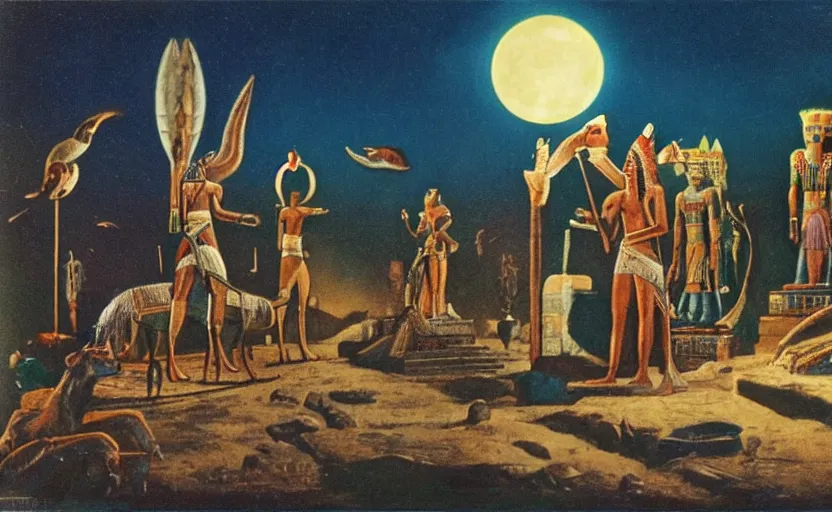 Image similar to a 1 9 5 0's technicolor cinematic scene of egyptian gods with animal heads, having a ceremony in a moonlit temple in karnak