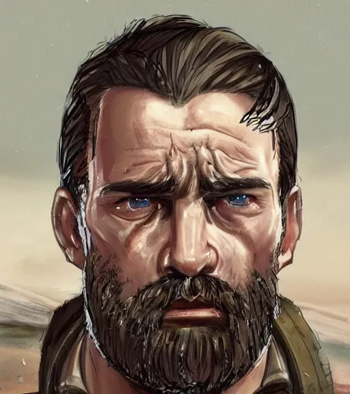 Image similar to portrait of muscular, tired and alcoholic 3 0 - year - old grieving man with short darkblonde hair, serious sad look in his eyes, looking down, dirty beard, blue eyes, crying tears, wearing dirty soldier uniform, on the desert, sad atmosphere, hyper realistic face, character art, art by mark brooks, cryengine, trending on artstation, digital art