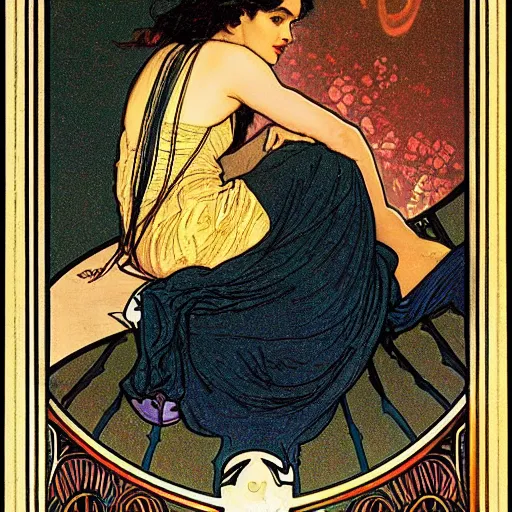 Prompt: tessa thompson portrait by louis - theophile hingre and alphonse mucha, realistic, sharp focus, zodiac signs, tarot cards, planets, ethereal, art nouveau, magic, moon, sun, crown, dreamy, royal, jewellery