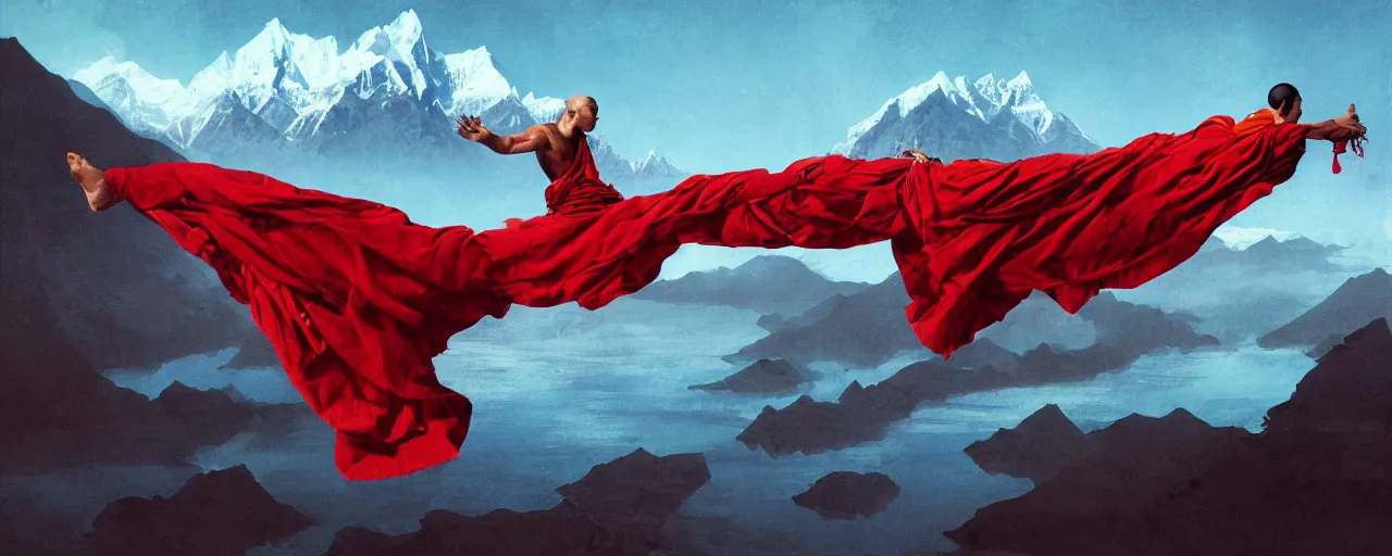 Prompt: a tibetan monk flying over himalaya mountains lake in weightlessness in liquid traditional red cloth. a lot of flying red fabric around, sky and cloth fabric reflected in blue lake water. dark background. illustration by craig mullins, yoji shinkawa, trending on artstation, peter mohrbacher, hyper detailed, intricate, elite, ornate,