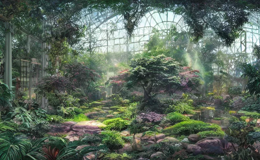 Prompt: sport terrain, japanese garden around, jungle, greenhouse, sunrays, bay window, indoor, highly detailed, digital painting, artstation, art nouveau, concept art, sharp focus, illustration