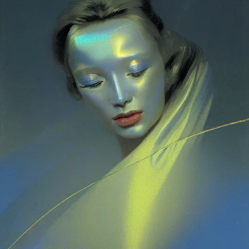 Image similar to a chrome woman's face in flowing sheets of cobalt blue gold chrome silver satin, by moebius syd mead roger dean wojciech siudmak donato giancola yoshitaka amano ivan aivazovsky jan de heem pieter claesz paul delaroche alma tadema aelbert cuyp willem claesz, hyperrealistic volumetric light render